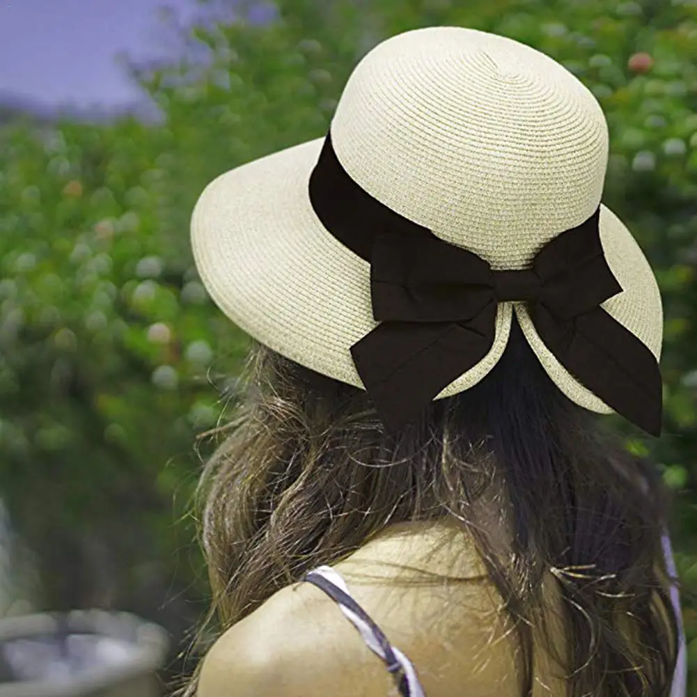 Женская соломенная шляпа от солнца летняя элегантная с большим бантом из ленты и