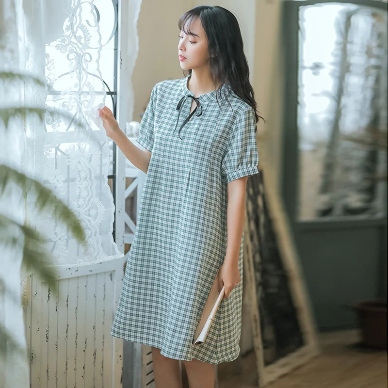 Mori Girl летнее женское платье круглый вырез лента зеленая в клетку свободное Vestidos