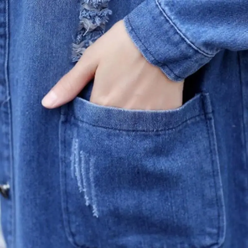 

2018 spring Autumn Korean Denim Jacket Women Slim Long Base Coat Women's Frayed Navy Blue Plus size Jeans Jackets Coats 5XL