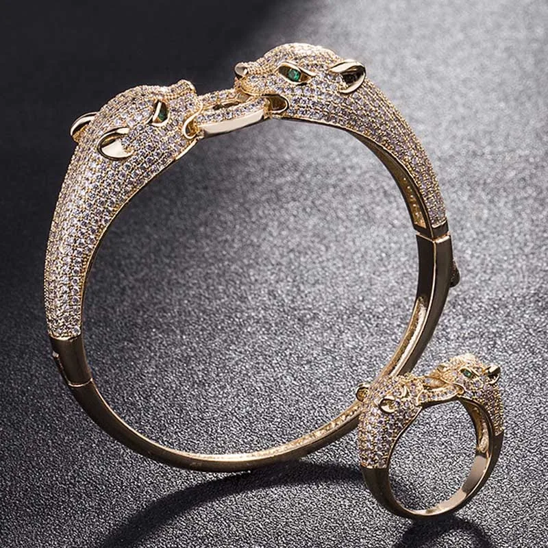 

Two leopard Heads Animal Men bangle Jewelry Set Metal Copper Bangles&Ring Bridal Jewelry Sets Cubic Bracelet Accessory Sets