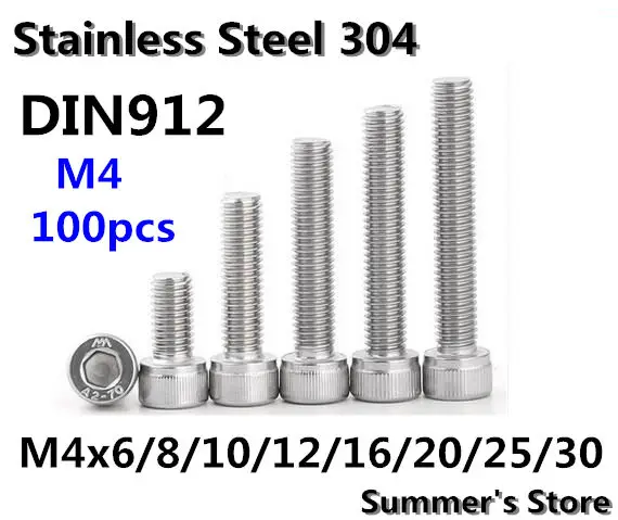 Болты с шестигранной головкой винты из нержавеющей стали M4 * 6/8/10/12/16/20/25/30 мм 100