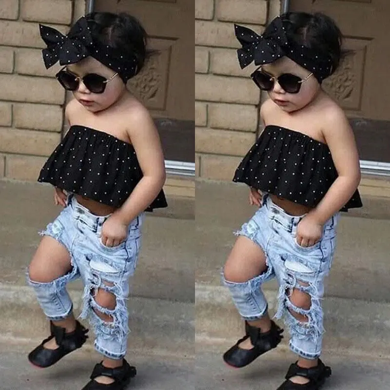 Модная черная блузка для маленьких девочек повседневные джинсовые штаны с