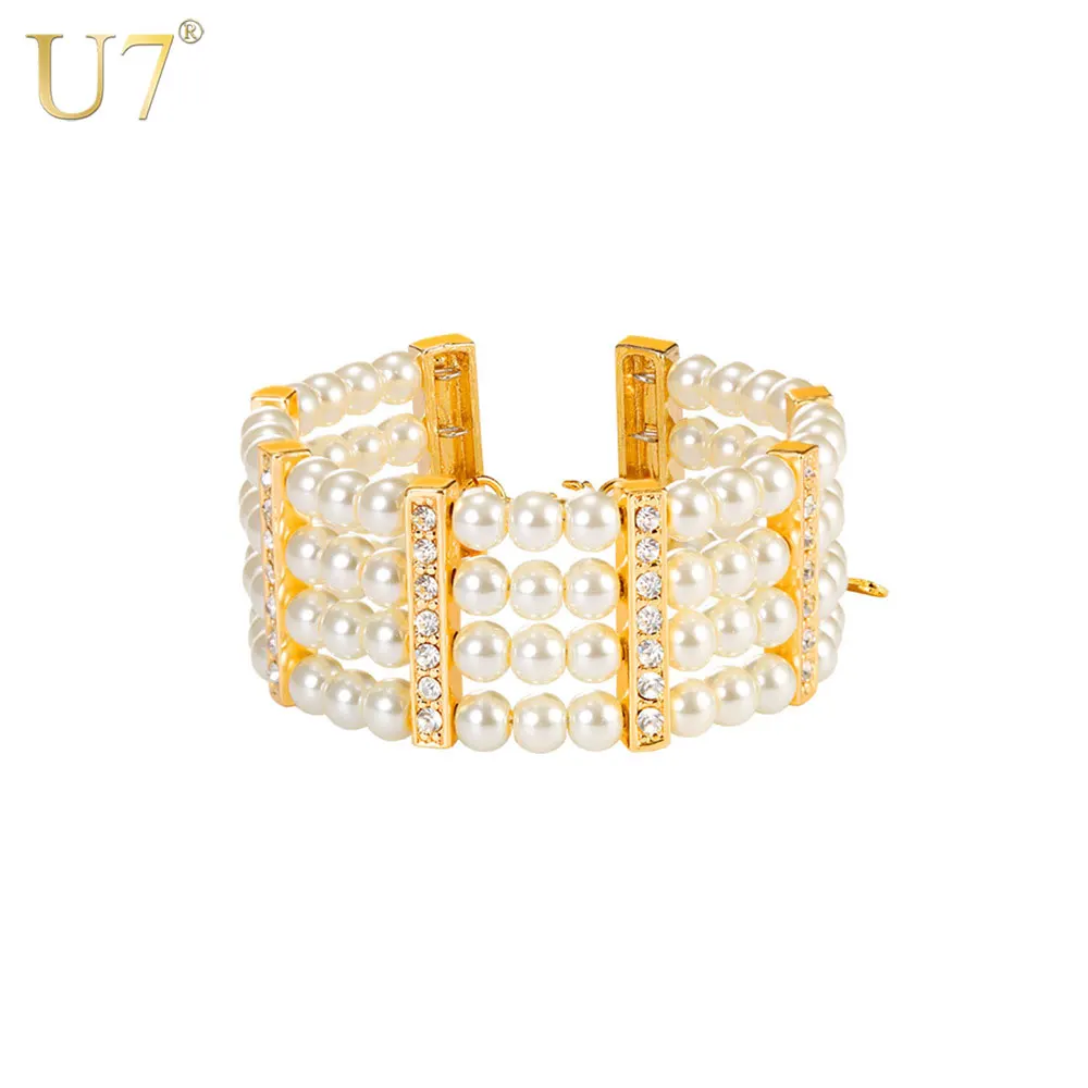 

U7 Synthetic Pearl Beads Bangle Bracelet For Women Multi-layer Rhinestone Bracelests Fashion Wedding Jewelry H1020