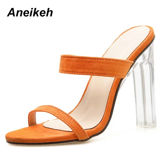 Orange Aneikeh2019 новые летние женские тапочки модные повседневные замшевые однотонные туфли с открытым носком на квадратном каблуке с кристаллами - Цвет: Orange