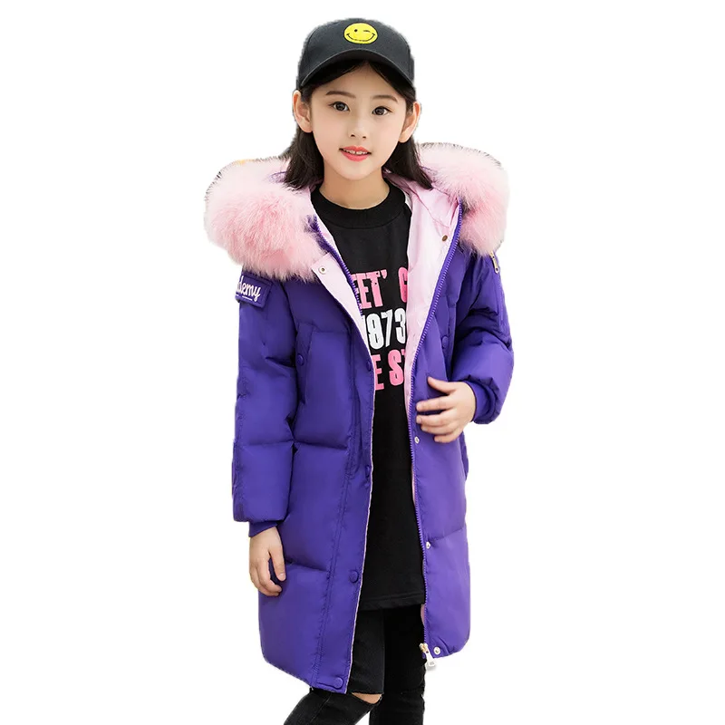 30 degrees Girls clothing duck Down jacket for girl clothes Winter Thicken warm Parka Fur Hooded Children Outerwear Coats - Цвет: Фиолетовый