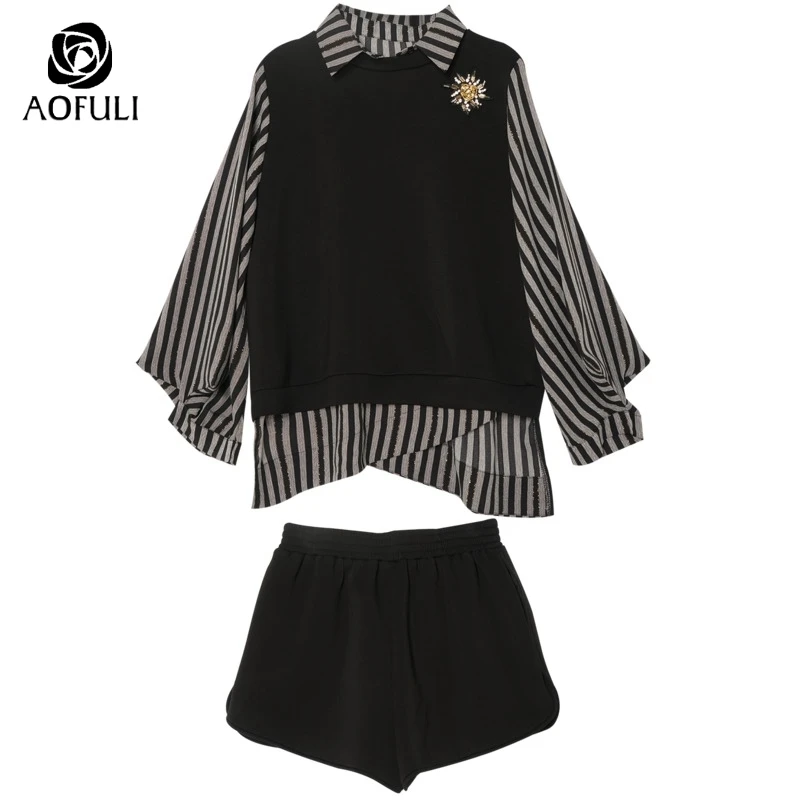 Женский Асимметричный комплект с шортами AOFULI L ~ 4XL 5XL из топов и шорт черного цвета