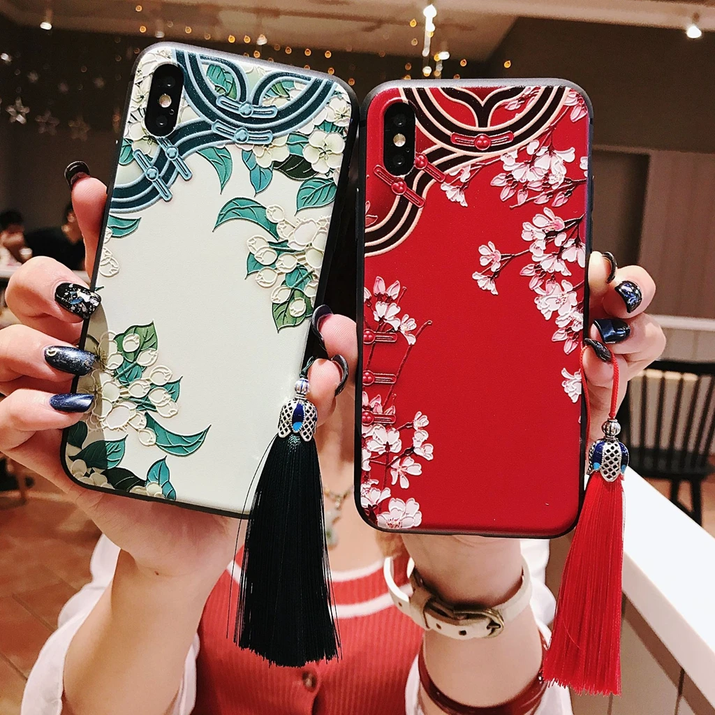 Chinese Red Tassels Phone Case For IPhone Xr 7 X 8 6 7plus Emboss Painting 6s 8plus Xs XR Cases |