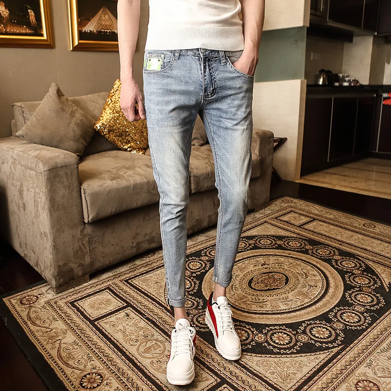 Новинка лета 2019 Корейская версия простых мужских тонких узких джинсов