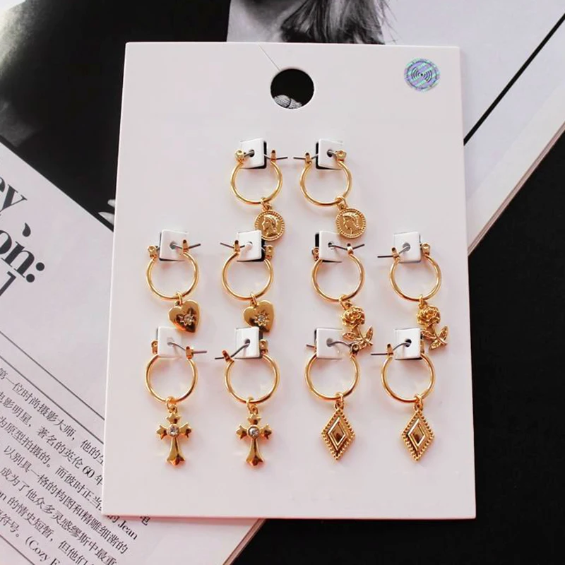 Серьги кольца золотого цвета с мелким крестом 5 пар/набор геометрическое сердце