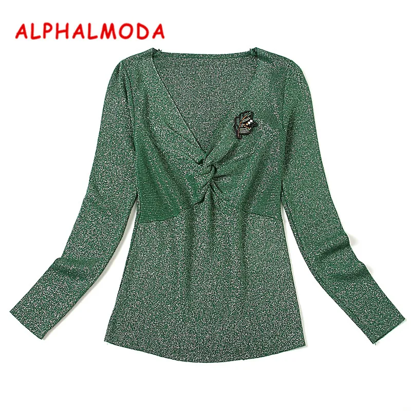 Женский вязаный джемпер ALPHALMODA со сверкающими кристаллами с V-образным вырезом на