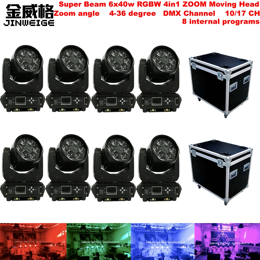 Светодиодная Подвижная головка 8 шт./лот Flightcase Super Beam 6x40 Вт RGBW 4 в 1 Zoom Bee Eye DMX512