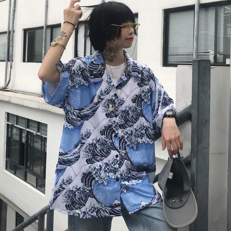 Женская Свободная блузка Harajuku с короткими рукавами и волнистым принтом летняя