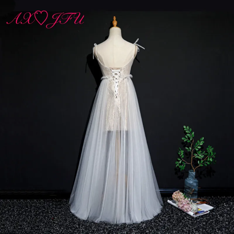 

AXJFU Princess v neck white lace evening dress luxury vintage Bride little bow sleeveless white flower lace evening dress