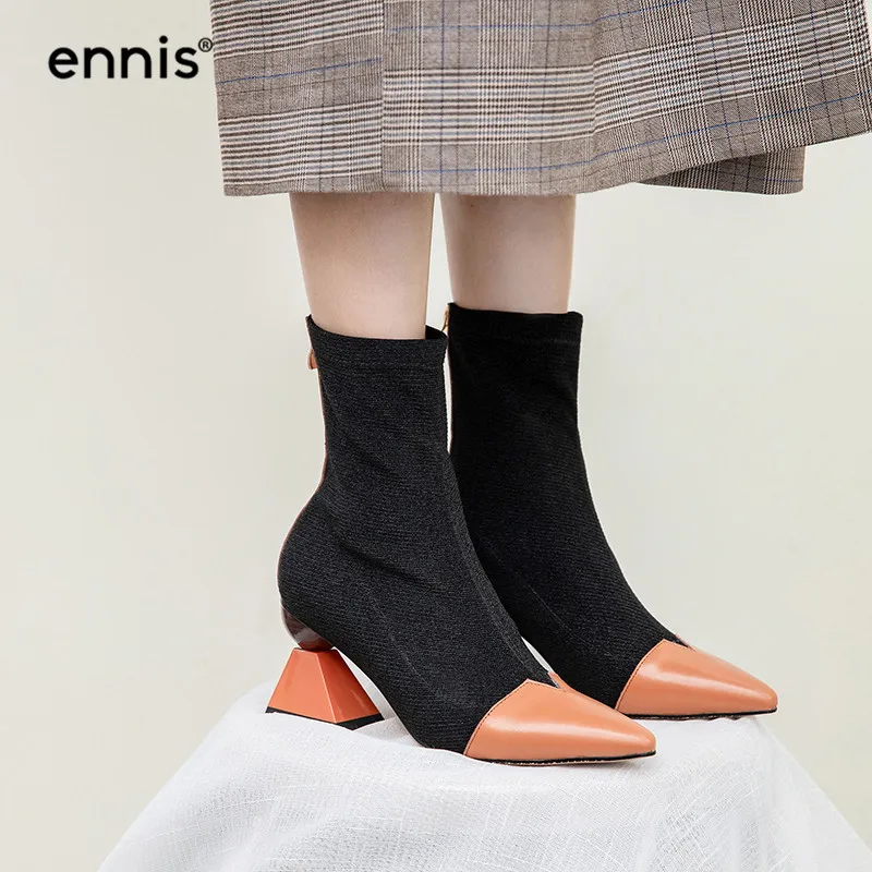 ENNIS/ г. ботинки на высоком каблуке женские ботинки из эластичной ткани женские ботильоны с острым носком черная обувь на молнии Осенняя модная новинка, A944