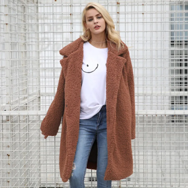 Женские длинные пальто из искусственного меха зимние теплые плюшевые большого