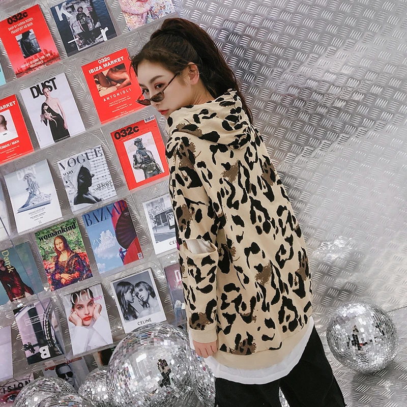 7 Манг 2019 Leopard Harajuku Принт толстовки для женщин уличная повседневное отверстие