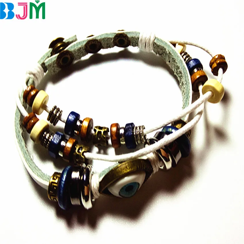 Европа Ретро ручной браслет рыбий глаз multi Слои кожа Нержавеющая сталь рука