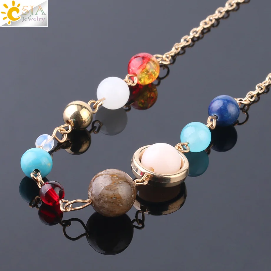 

CSJA Solar System Necklace Gold Color Planet Necklaces Star Colar Choker Natural Gems Stone Beads Charms Jewelry for Women S240