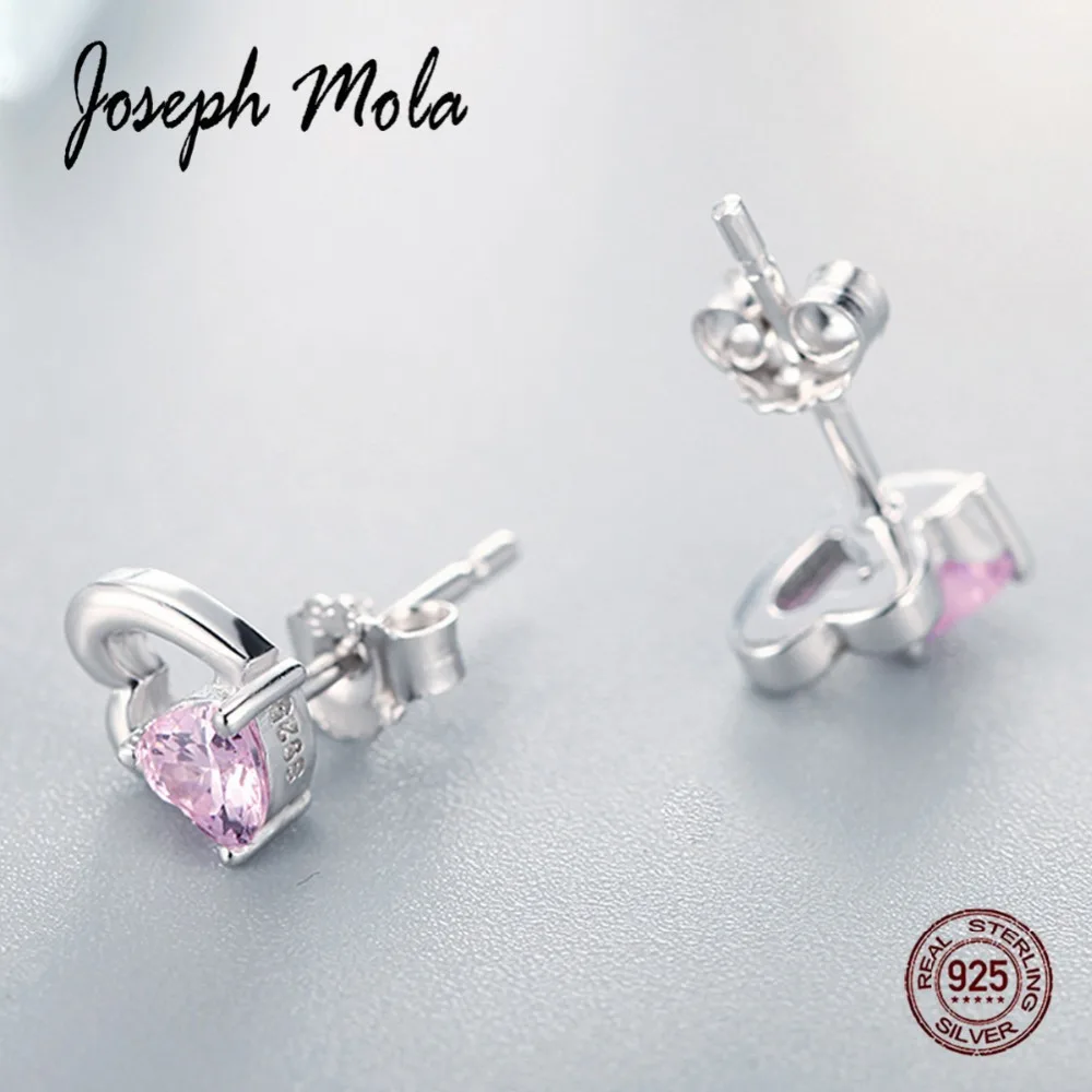 Joseph Mola 925 Sterling Silver Clear Pink Cute heart CZ Stone Stud Earrings for Women Party Anniversary Gift Girlfriend | Украшения и