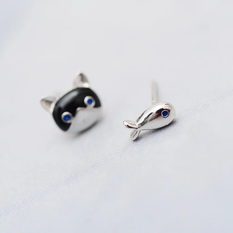 Женские серьги серебряного цвета Bijoux простые в виде кота и рыбы модные ювелирные