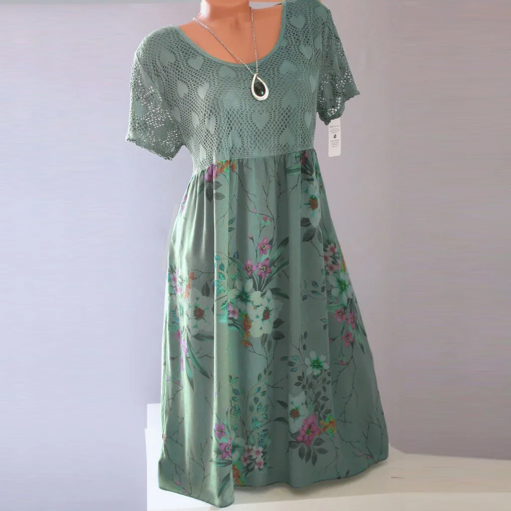 MISSOMO Vintage 5XL Dress Women Casual Floral Print Hollow out Short Sleeve summer Patchwork plus size boho vestidos 71 | Женская одежда