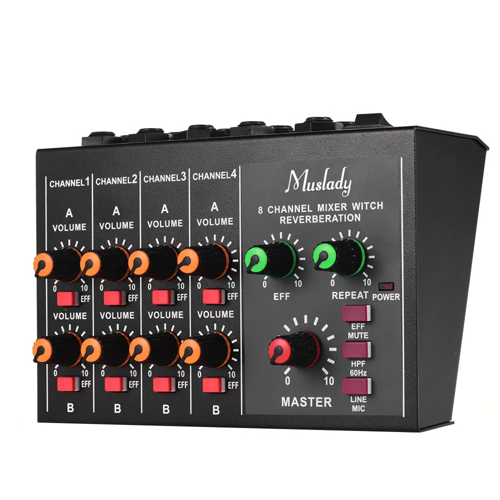 Muslady M-228A компактный Размеры 8-канальный подойдет как для повседневной носки, так/стерео аудио DJ микшер с реверберация(Функция 60Гц Частотный резки