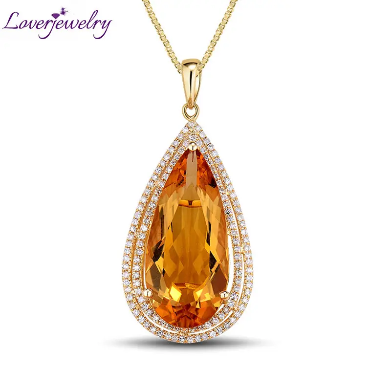 

LOVERJEWELRY Vintage Pendant Pear 12x26mm 14Kt Yellow Gold Natural Diamond Citrine Pendant Necklace Luxury Design for Women