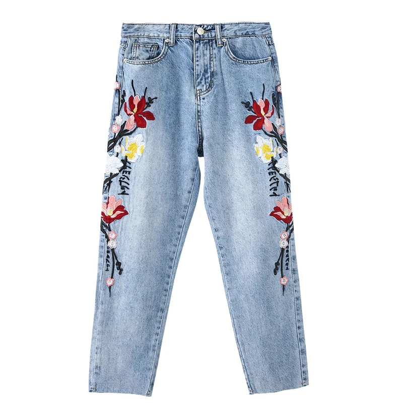 Spring Flower Embroidery Denim Jeans For Women Straight Plus Size Long Pants Natural Waist Ladies Trousers Casual A-027 |