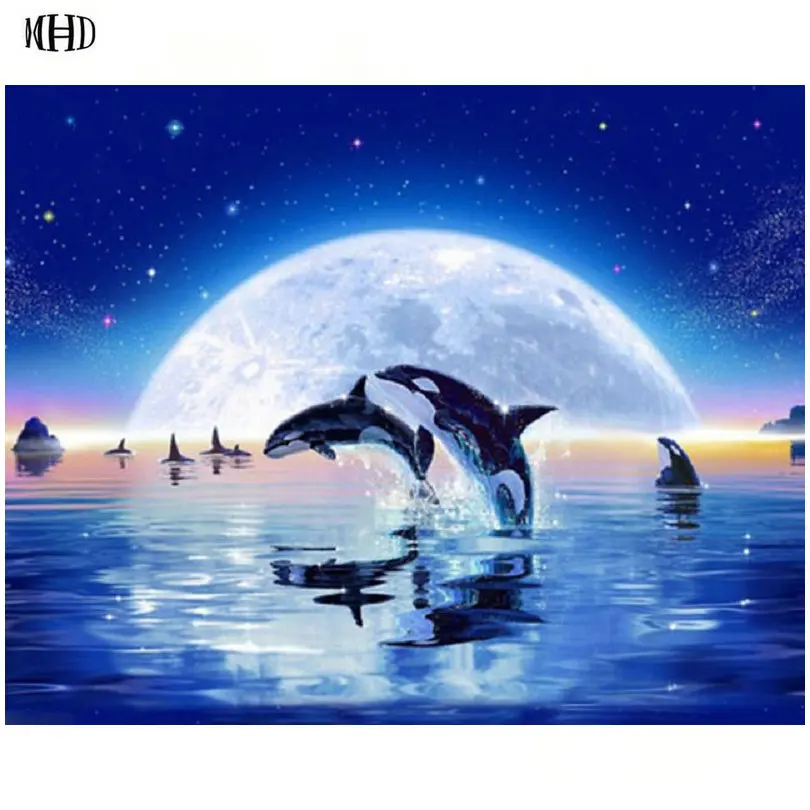 

MHD Diy Diamond Painting Dolphin Cross Stitch Kits Full round Diamond Embroidery Needlework Diamond Mosaic Home Decor