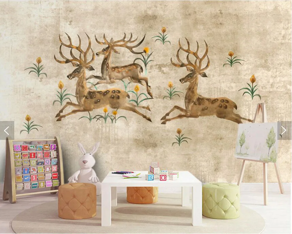 

Vintage elk pattern painting wallpaper tv backdrop,living room kids bedroom sofa wall bar murals restaurant papel de parede
