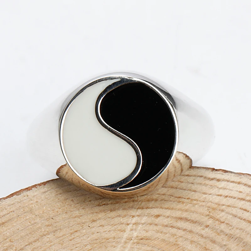 Эпоксидные кольца Tai chi Yin Yang мужские антикварные эмалированные серебряные с