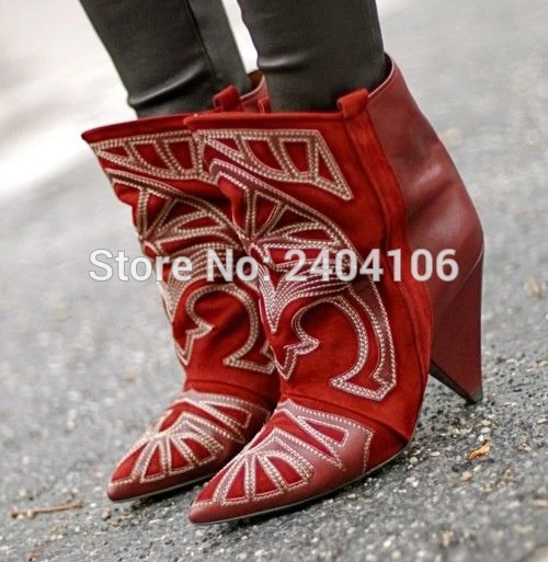 

Autumn Winter Patchwork Suede Leather Pointed Toe Short Botas Mujer Slip On Shoes Woman Spike Heel Embroidered Boots Black Red