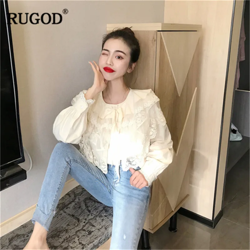 RUGOD/Элегантные женские рубашки с круглым вырезом длинными рукавами и кружевными