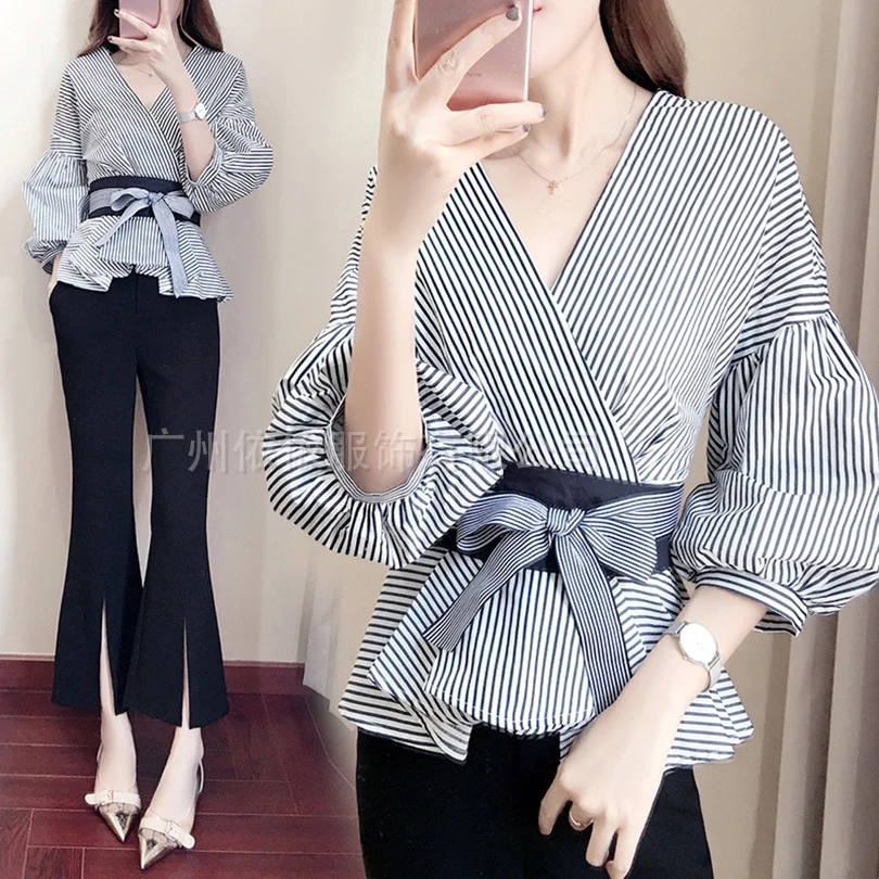 

Spring and aummer new style Fashion temperament shirt + split wide-leg pants Korean fashion two piece suit