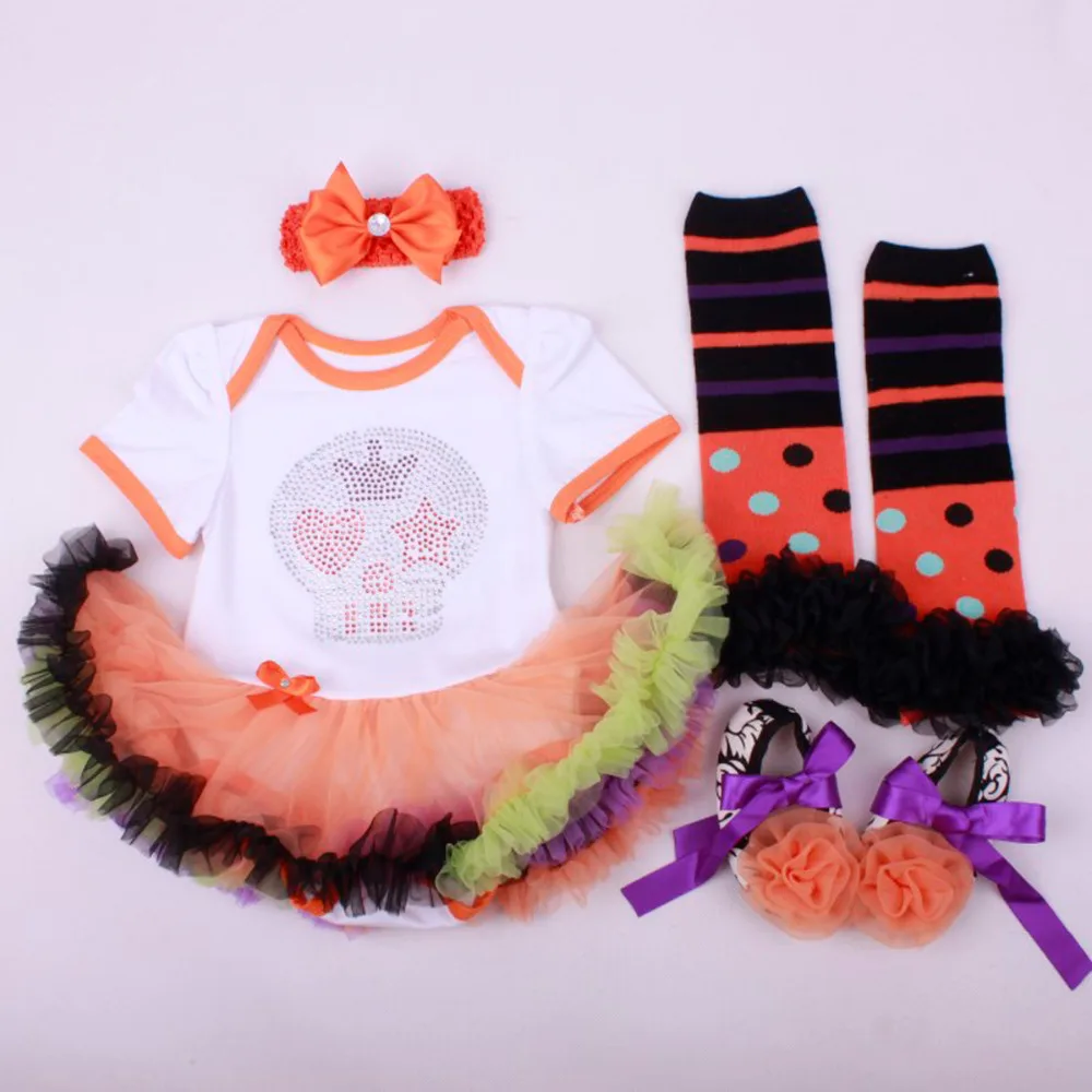 4PCs per Set Baby Girls' Orange Halloween Rhinestone Skull Tutu Dress Infant Costume Outfit Headband Shoes Leg Warmers | Детская