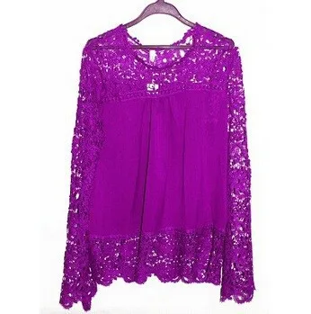 Летняя мода 2015 шифоновая кружевная блузка с длинным рукавом вязанные крючком