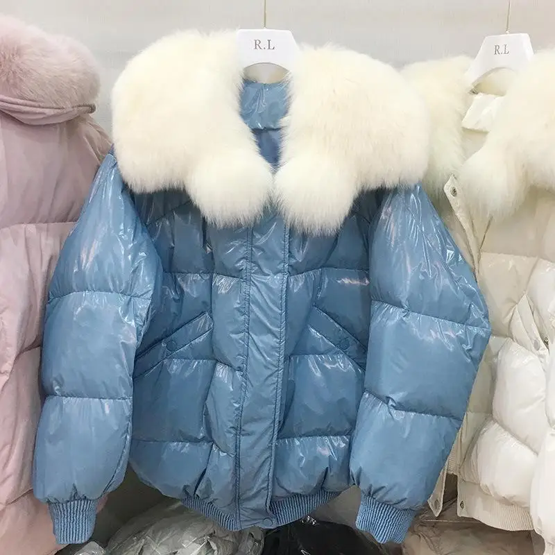 2019 Новая женская однотонная белая утка вниз мода большой Лисий Мех меховой для