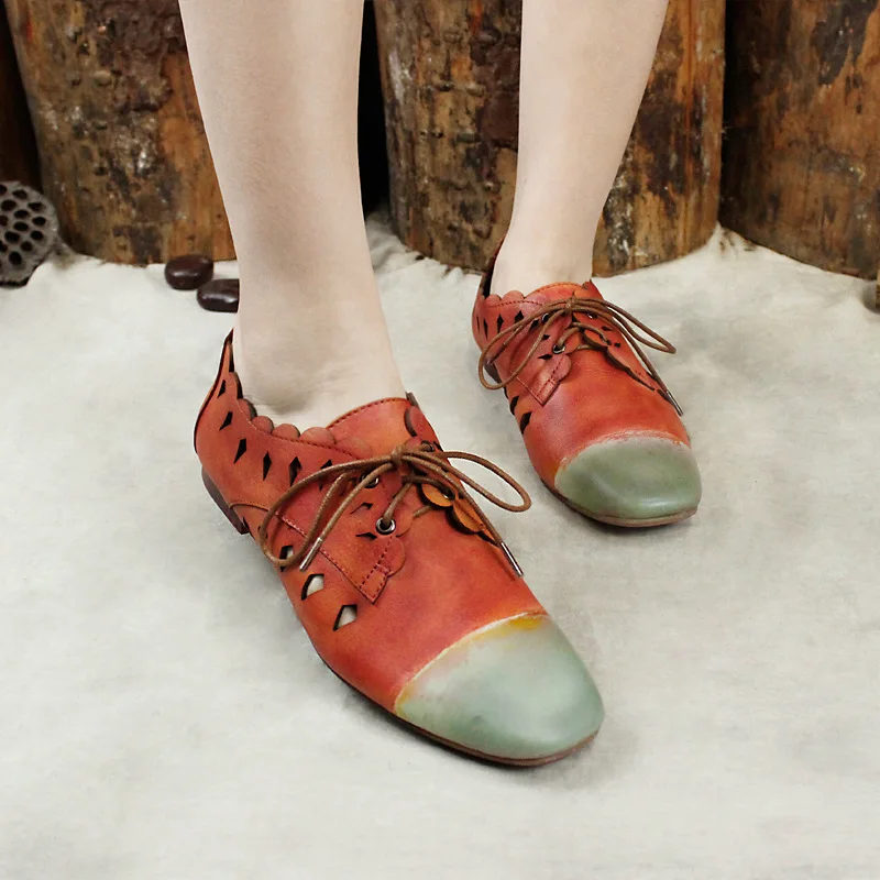 Johnature 2019 New Spring/autumn Brogue Shoes Genuine Leather Retro Mixed Colors Hollo Round Toe Lace-up Cross-tied Womens Flat | Обувь