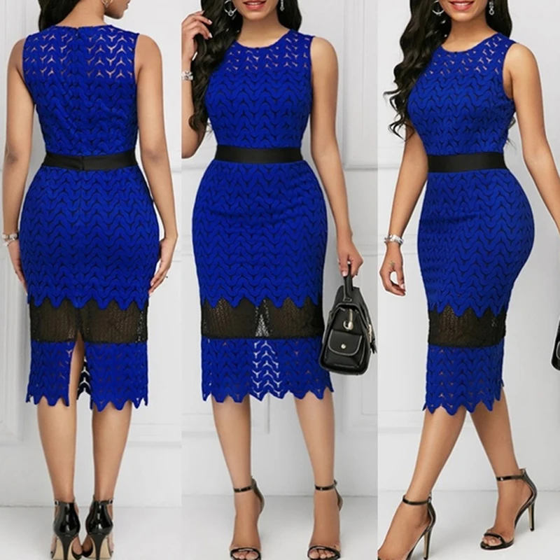 Сшитое кружевное платье без рукавов в стиле пэчворк сексуальное облегающее