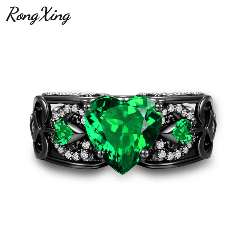 RongXing ретро камень для родившихся в мае в форме зеленого сердца кольца для мужчин и женщин из чёрного золота с цирконием, толстовка с капюшоном, надписью «Angel» и принтом «крылышки палец кольцо подарок матери RB1424