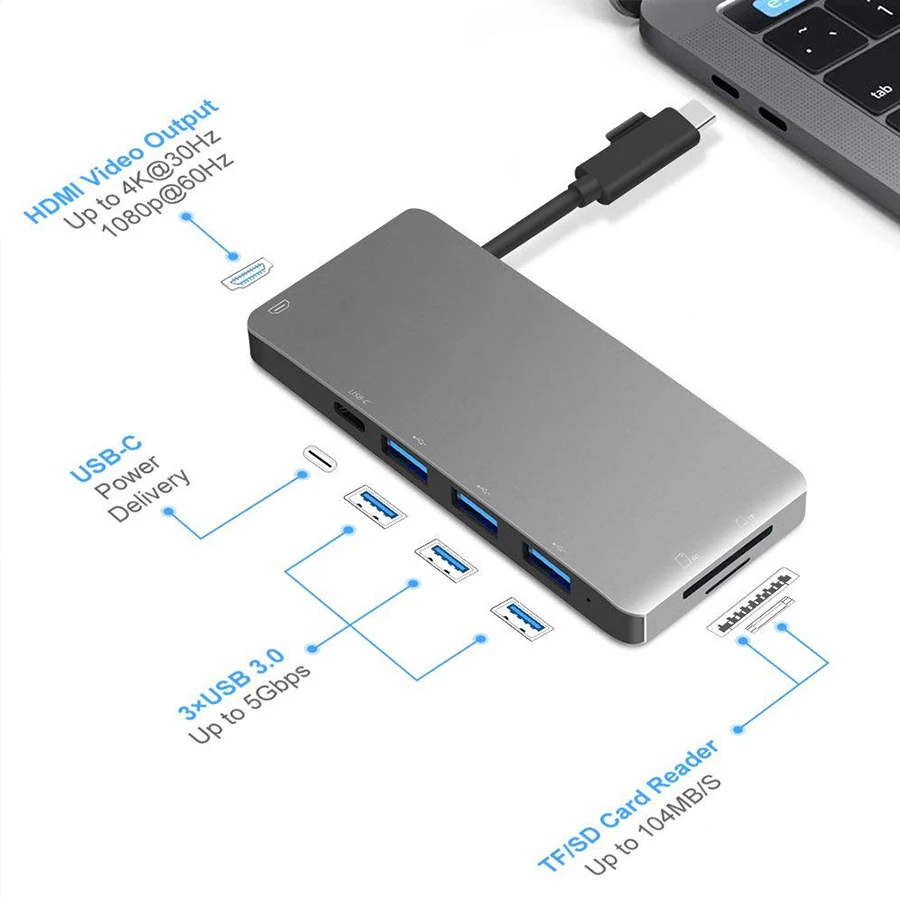 7 в 1 USB-c концентратор к порту type-c 3* USB 3,0 складной адаптер для Lightning до 4K HDMI мульти порт с высокоскоростным SD/TF кард-ридером