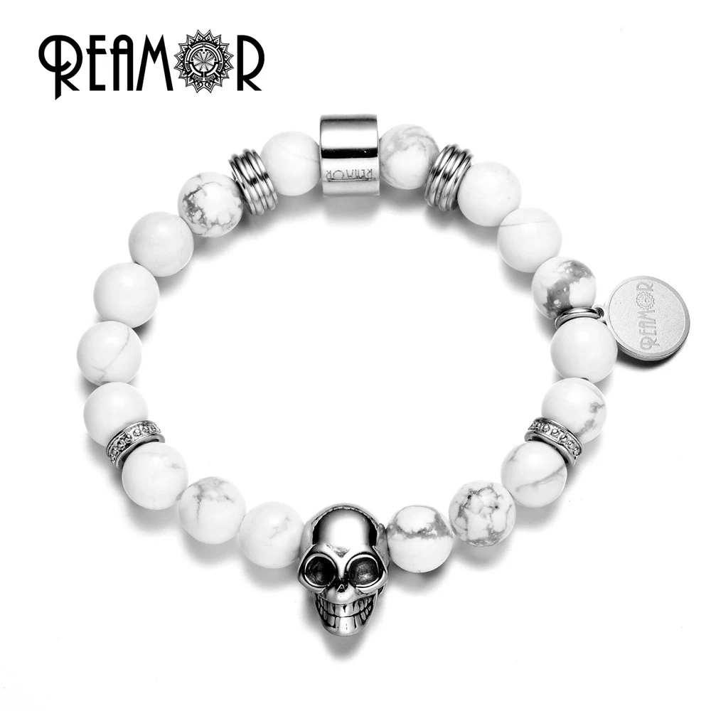

REAMOR Natural Turquoises Beads with Polished Stainless steel Skull Head Brand Strand Bracelets jewelry for Men