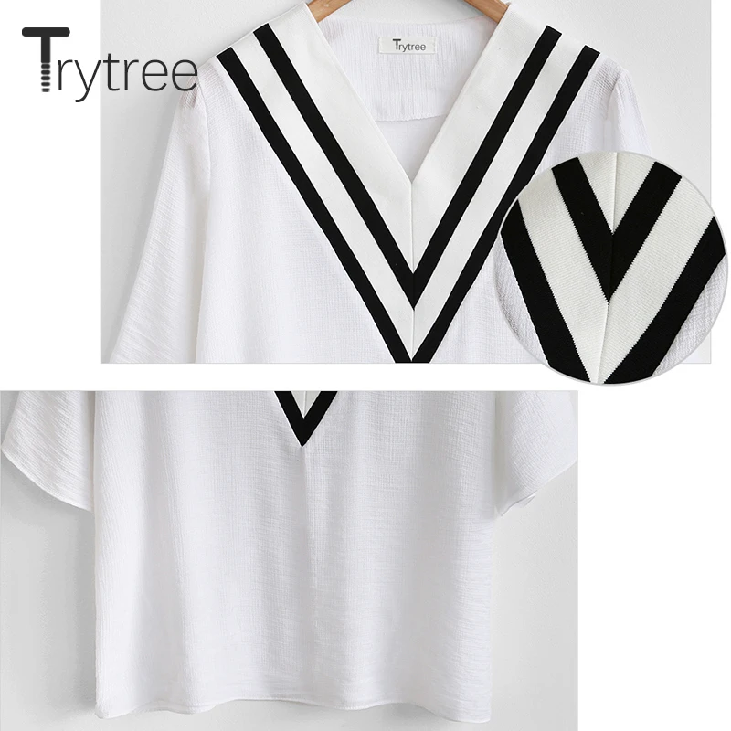 Trytree Весна Лето Топ Женская блузка повседневная полиэфирная рубашка с v образным