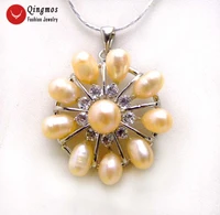 qingmos 32mm flower natural pearl pendant necklace for women with pink rice pearl 17 silver plated chokers necklace chain 6239