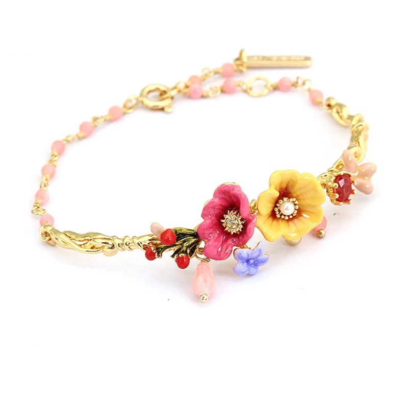 Эмалированный женский браслет ручной работы с розовыми цветами и ветками