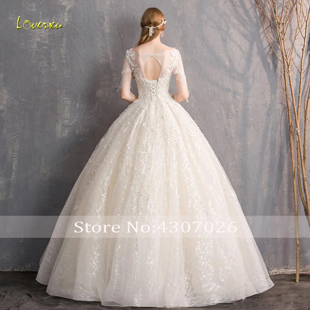 Loverxu Luxury O-Neck Ball Gown Wedding Dress 2019 Applique Beading Tassel Half Sleeve Bridal Sweep Train Lace | Свадьбы и торжества