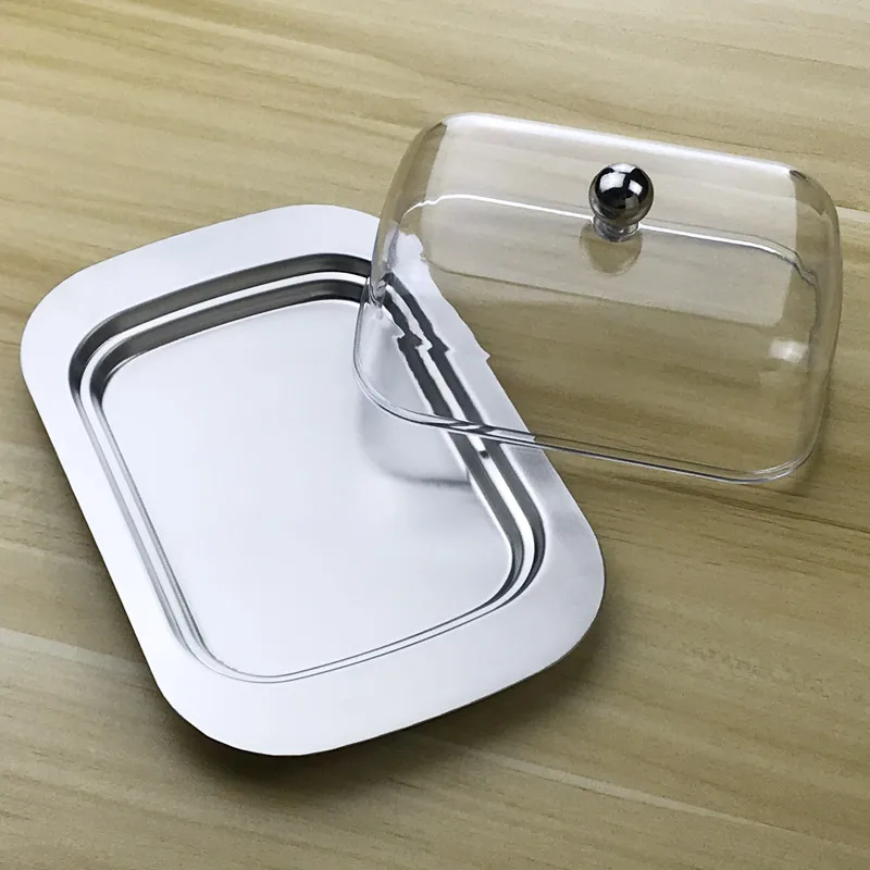 

Butter Dish Cheese Box keeper Container Storage With See-through Acrylic Lid Stainless Steel Tray Butter Cream Container Plate