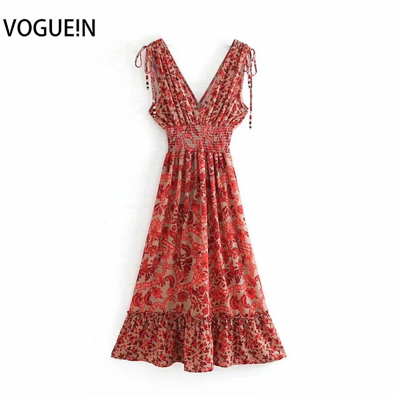 Женское винтажное платье макси VOGUEIN с цветочным принтом и эластичной резинкой на