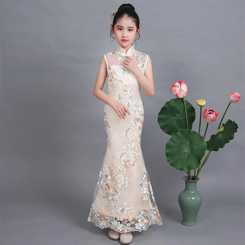 Children qipao long elegant slit dress mermaid fishtail girl cheongsam summer chinese style evening tang suit princess lace kid | Детская