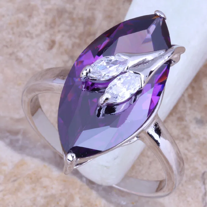 Превосходное Фиолетовое Женское кольцо с фианитом белое CZ посеребренное Размер